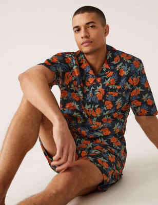 

Mens M&S Collection Schlafanzugset aus reiner Baumwolle mit Blumenmotiv - Black Mix, Black Mix