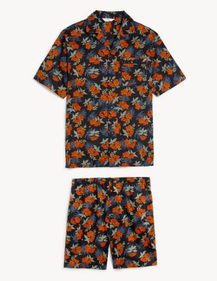 M&S Mens Pure Cotton Floral Print Pyjama Set - Black Mix, Black Mix