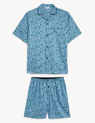 M&S Mens Pure Cotton Cactus Print Pyjama Set - Blue Mix, Blue Mix