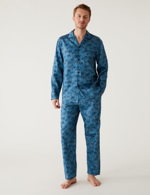 

Mens M&S Collection Schlafanzugset aus reiner Baumwolle mit Palmenmuster - Blue Mix, Blue Mix