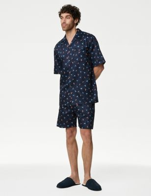 M&S Mens Pure Cotton Parrot Print Pyjama Set - Navy Mix, Navy Mix