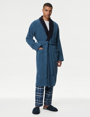 Marks And Spencer Mens M&S Collection Longer Length Pure Cotton Dressing Gown - Blue, Blue