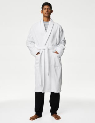 M&S Men's Pure Cotton Towelling Dressing Gown - White, White,Blue Mix