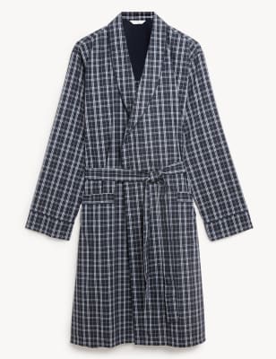 

Mens M&S Collection Cotton Blend Checked Dressing Gown - Blue Mix, Blue Mix