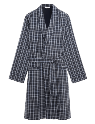 

Mens M&S Collection Cotton Blend Checked Dressing Gown - Blue Mix, Blue Mix