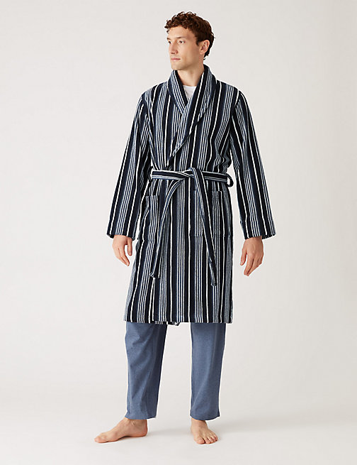 Marks And Spencer Mens M&S Collection Pure Cotton Striped Dressing Gown - Navy Mix, Navy Mix