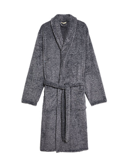 m&s collection fleece supersoft dressing gown - grey marl, grey marl