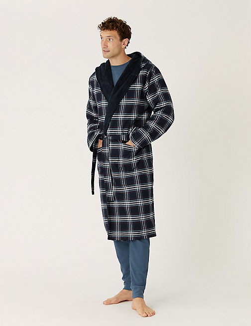 Marks And Spencer Mens M&S Collection Fleece Supersoft Checked Dressing Gown - Navy Mix