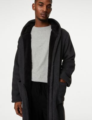 M&S Men's Fleece Supersoft Hooded Dressing Gown - M - Grey Mix, Grey Mix