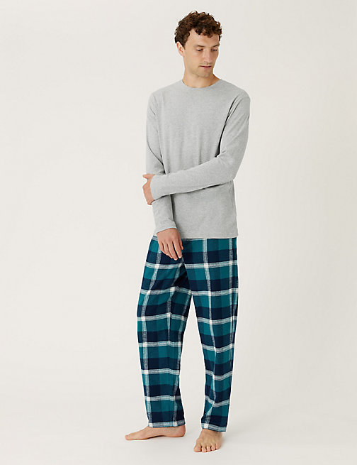 Marks And Spencer Mens M&S Collection Brushed Cotton Checked Pyjama Set - Grey Mix, Grey Mix