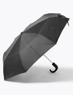 M&S Mens Recycled Polyester Crook Handle Umbrella with Windtechtm - Black, Black