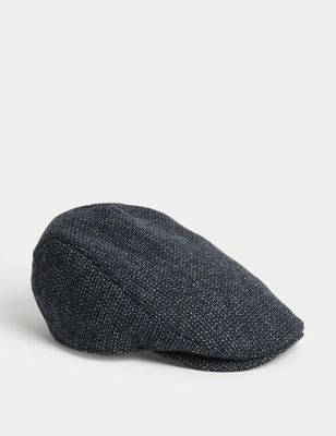 M&S Sartorial Mens Wool Rich Textured Flat Cap with Stormwear - S-M - Navy Mix, Navy Mix
