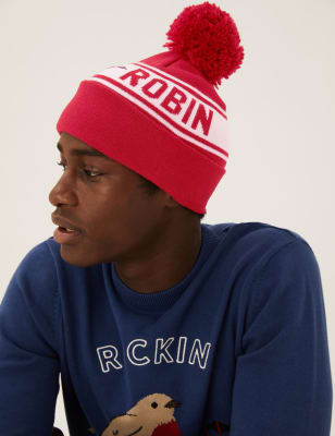 

Mens M&S Collection Beanie-Strickmütze mit weihnachtlichem Rotkehlchenmotiv - Red Mix, Red Mix