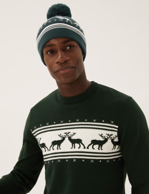 

Mens M&S Collection Knitted Christmas Reindeer Beanie Hat - Green Mix, Green Mix