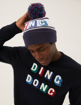 

Mens M&S Collection Knitted Christmas Ding Slogan Beanie Hat - Navy Mix, Navy Mix