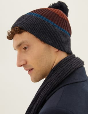 

Mens M&S Collection Knitted Striped Beanie Hat - Blue Mix, Blue Mix