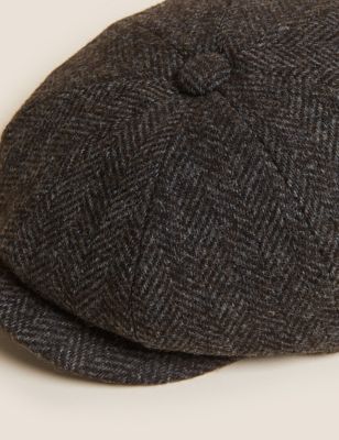 M&S Mens Pure Wool Herringbone Baker Boy Hat