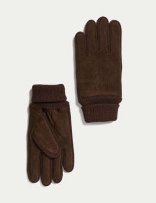 M&S Mens Nubuck Leather Gloves - M - Chocolate, Chocolate,Black