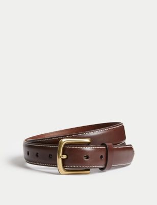 M&S Mens Leather Stitch Detail Belt - 30-32 - Brown, Brown