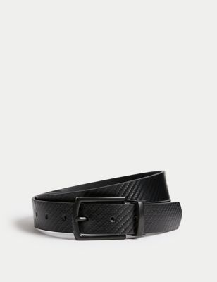 M&S Men's Leather Textured Reversible Belt - 30-32 - Black, Black