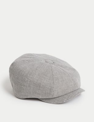 Linen Cotton Blend Checked Baker Boy Hat - NZ