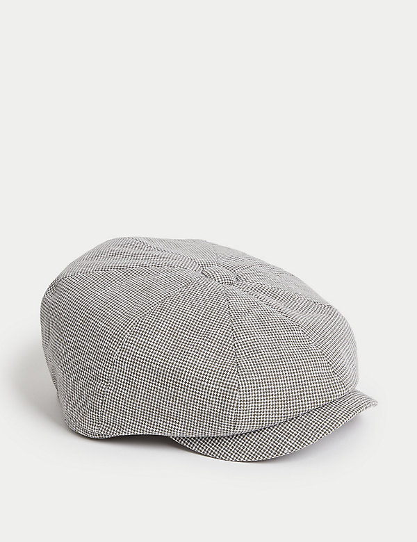 Linen Cotton Blend Checked Baker Boy Hat - JE