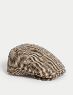 M&S Sartorial Mens Checked Flat Cap with Stormwear - S-M - Brown Mix, Brown Mix