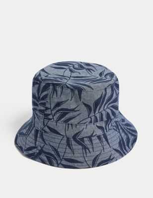 M&S Men's Pure Cotton Leaf Print Bucket Hat - S-M - Blue Mix, Blue Mix