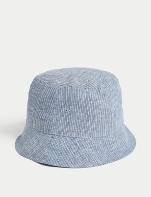M&S Mens Linen Rich Striped Bucket Hat - L-XL - Blue Mix, Blue Mix