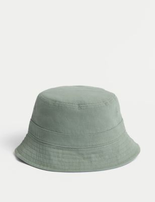 M&S Men's Pure Cotton Reversible Bucket Hat - S-M - Green Mix, Green Mix,Stone/Khaki,Navy/Grey