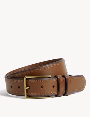 M&S Mens Leather Stitch Detail Belt - 30-32 - Light Tan, Light Tan,Black,Brown
