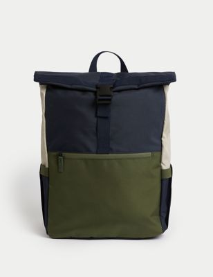 M&S Mens Recycled Polyester Scuff Resistant Rolltop Backpack - Navy Mix, Navy Mix,Green Mix