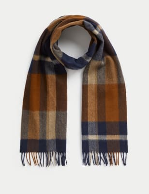 

Mens Autograph Merino Wool Checked Scarf - Camel, Camel