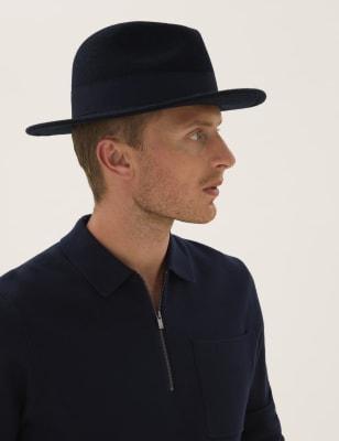 

Mens M&S Collection Pure Wool Fedora Hat with Stormwear™ - Navy, Navy