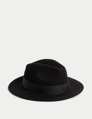 M&S Mens Pure Wool Fedora Hat with Stormwear - L-XL - Black, Black