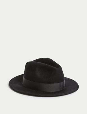 M&S Mens Pure Wool Fedora Hat with Stormwear - L-XL - Black, Black