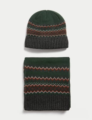 

Mens M&S Collection Fair Isle Hat and Scarf Set - Green Mix, Green Mix