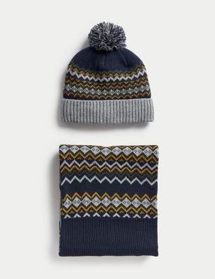 

Mens M&S Collection Fair Isle Knitted Hat and Scarf Set - Navy Mix, Navy Mix