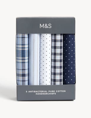 M&S Mens 5pk Antibacterial Pure Cotton Handkerchiefs - Blue Mix, Blue Mix