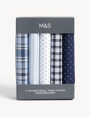 M&S Mens 5pk Antibacterial Pure Cotton Handkerchiefs - Blue Mix, Blue Mix