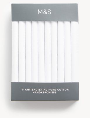M&S Mens 10pk Antibacterial Pure Cotton Handkerchiefs with Sanitized Finish® - White, White