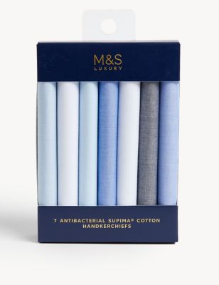 M&S Mens 7pk Antibacterial Pure Cotton Handkerchiefs with Sanitized Finish - Blue Mix, Blue Mix