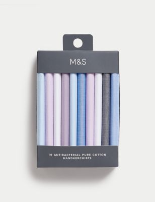 M&S Mens 10pk Antibacterial Pure Cotton Handkerchiefs - Blue Mix, Blue Mix