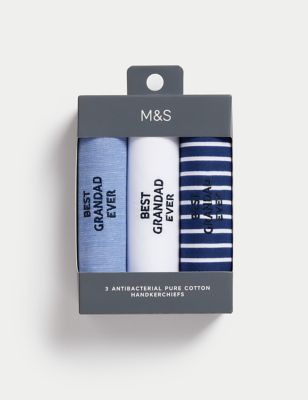 M&S Mens 3pk Pure Cotton Best Grandad Handkerchiefs - Blue Mix, Blue Mix