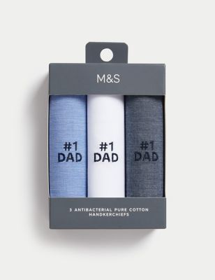 M&S Men's 3pk Pure Cotton #1 Dad Handkerchiefs - Blue Mix, Blue Mix