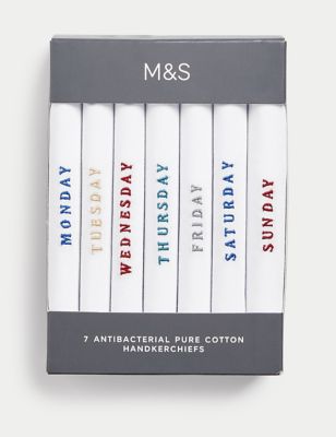 M&S Mens 7pk Antibacterial Pure Cotton Handkerchiefs - White Mix, White Mix