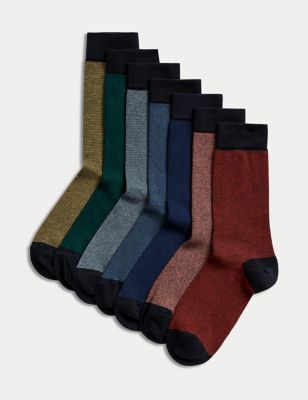 M&S Mens 7pk Cool & Freshtm Striped Cotton Rich Socks - 9-12 - Multi, Multi