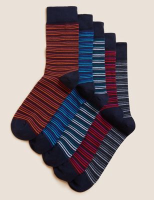 M&s pack de 5 coton multi couleur court chaussettes avec des rayures le long de TOP-12-24m bnwt 