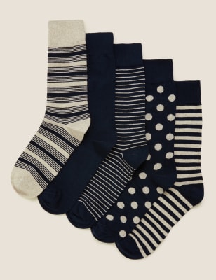 

Mens M&S Collection 5pk Cool & Fresh™ Spot Stripe Socks - Navy, Navy