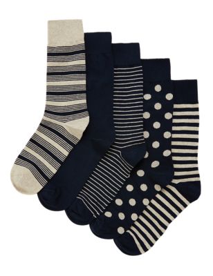 M&S Mens 5pk Cool & Fresh  Spot Stripe Socks